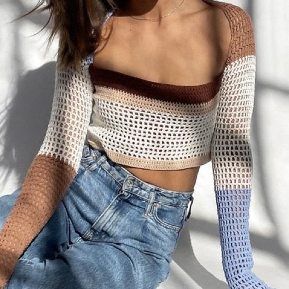 Y2K Crochet Long Sleeve Color Block Square Neck Top - Picture 2 of 11